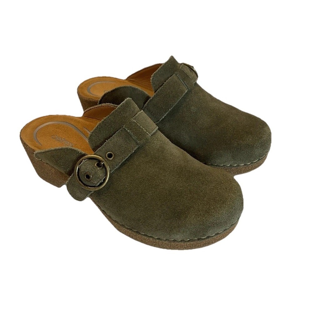 Aetrex Olive Green Suede Clog Mules with Buckle